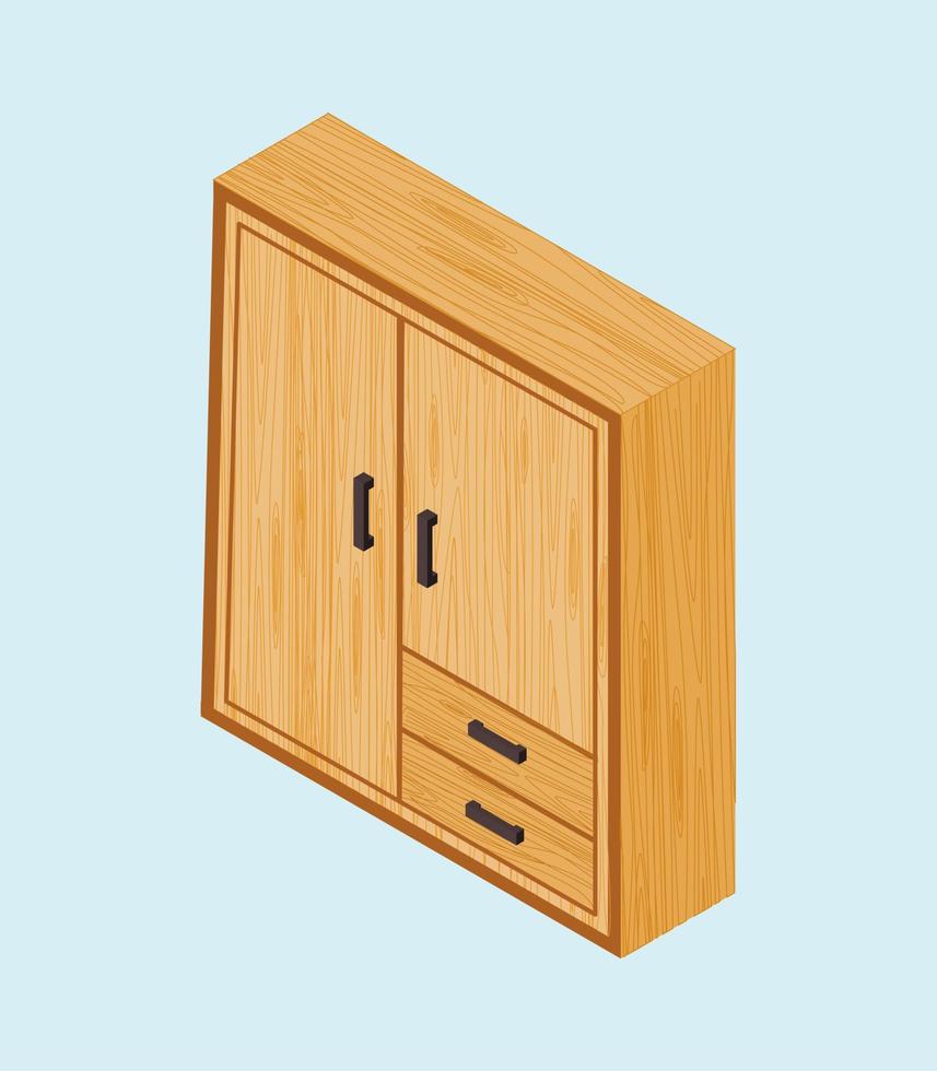 Vector isometric wooden closet. vintage wardrobe with drawers. home bedroom furniture. Domestic furniture and equipment. Wooden cupboard, cabinet