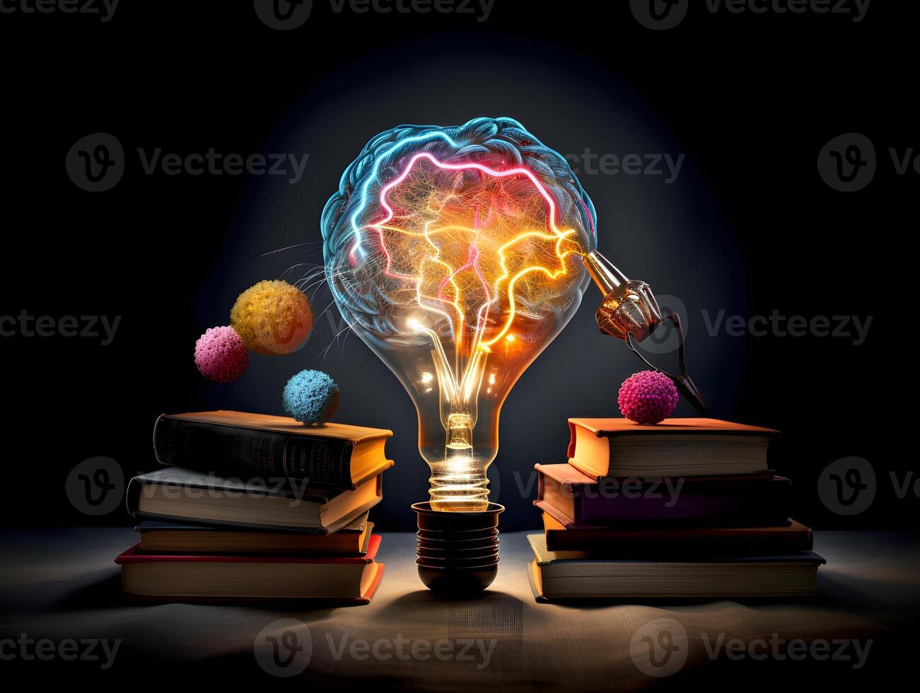 Colorful Collage of Education, Lightbulb, Brain, Book and Intelligence. photo