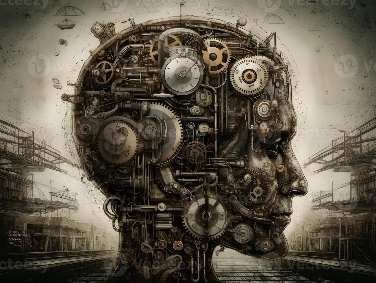 brain collage with machine, gear, factory. Wallpaper, photo