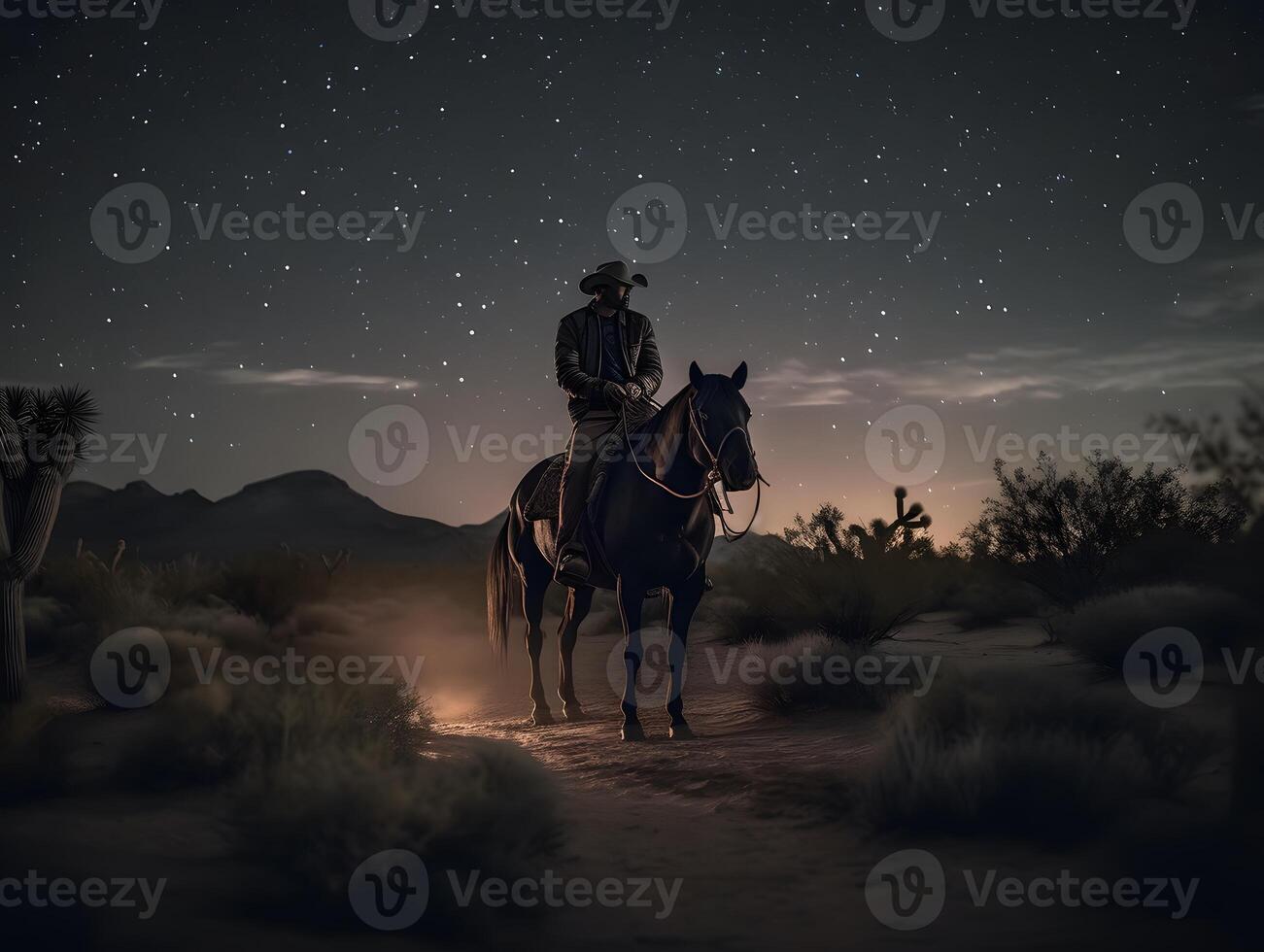 occidental vaquero montando su caballo a noche, ai generado foto