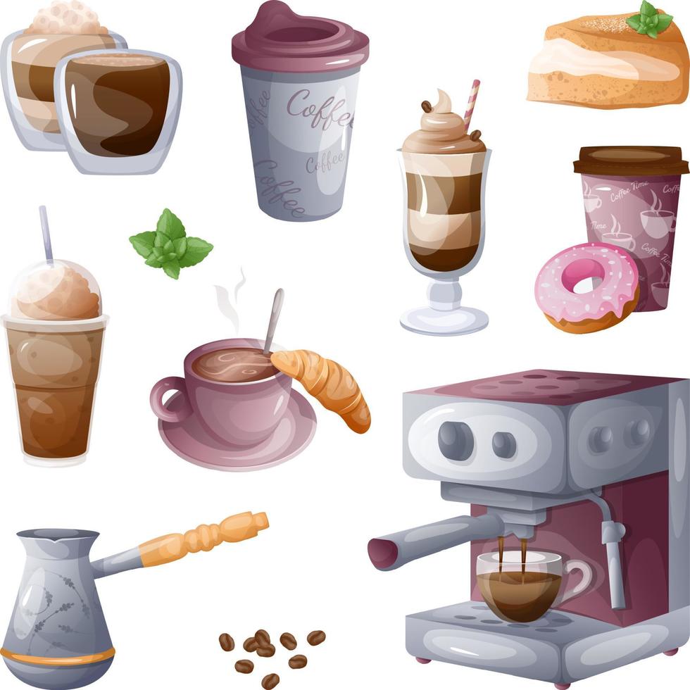 Set of coffee illustrations. Coffee time, break, coffee, cup, beans, mug and coffee machine vector