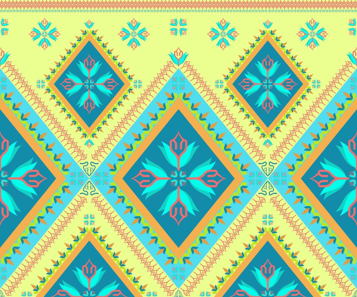 Ethnic folk geometric seamless pattern in light green and blue tone in vector illustration design for fabric, mat, carpet, scarf, wrapping paper, tile and more