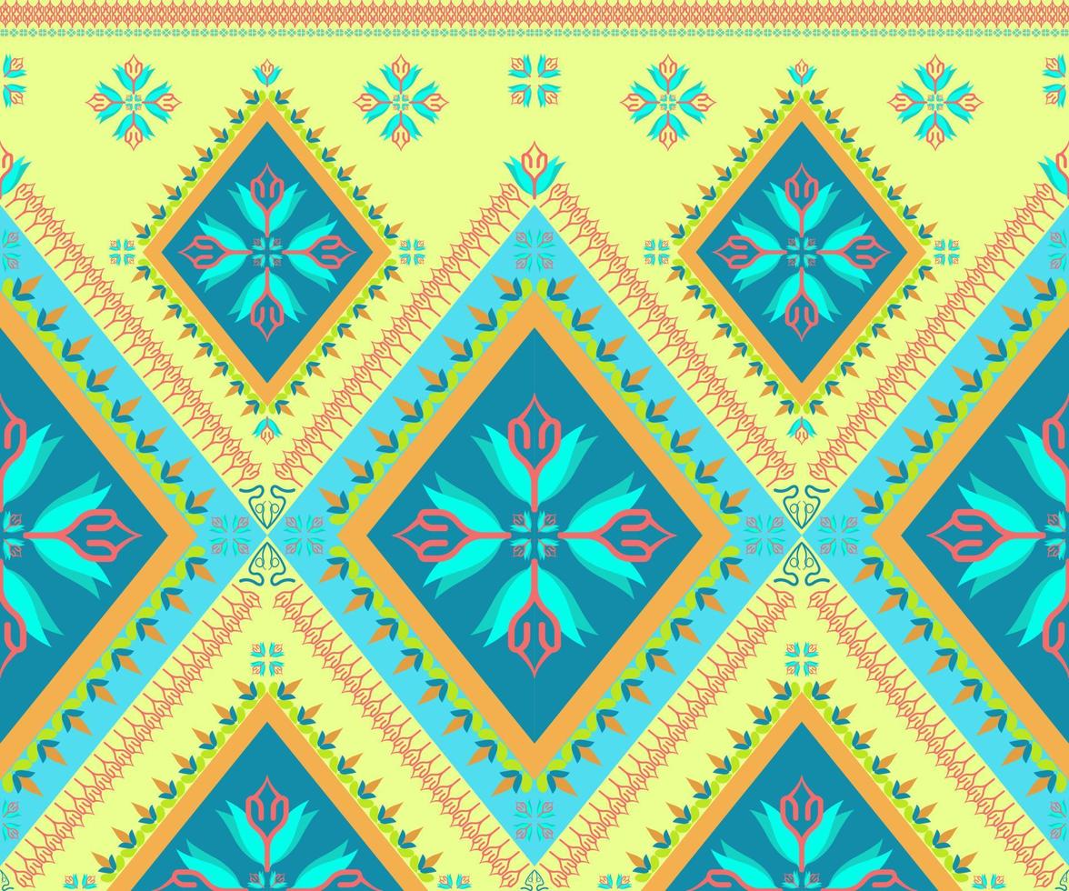 Ethnic folk geometric seamless pattern in light green and blue tone in vector illustration design for fabric, mat, carpet, scarf, wrapping paper, tile and more