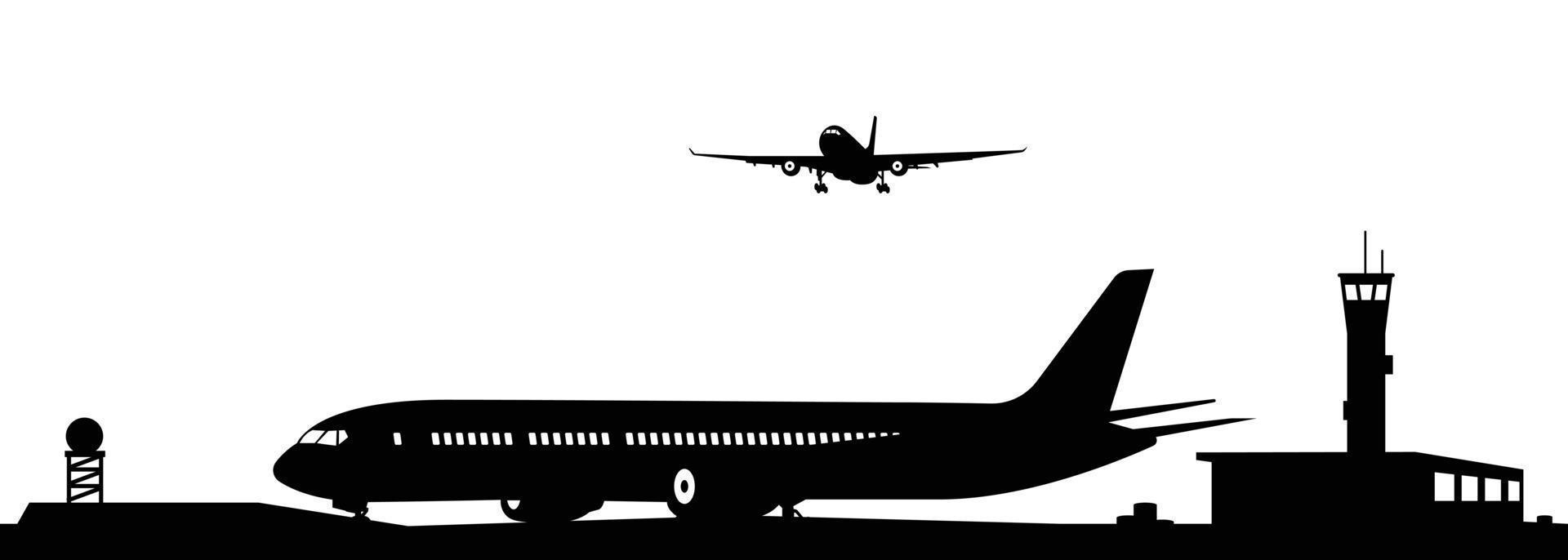 Airport with plane and facilities silhouette vector, transportation concept illustration for background. vector