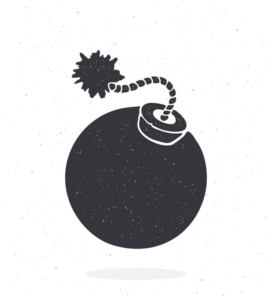 Silhouette of ball-shaped bomb with burning fuse rope. Vector illustration. Pattern for packaging, textiles, clothes, greeting cards. Isolated white background