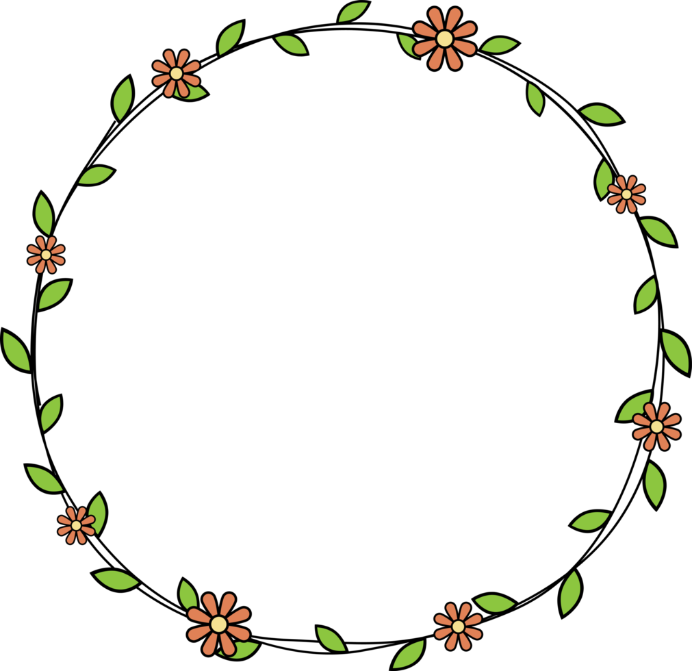 Hand drawn circle frame decoration element with leaves and flowers clip art png