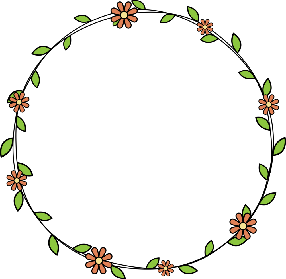 Hand drawn circle frame decoration element with leaves and flowers clip art png