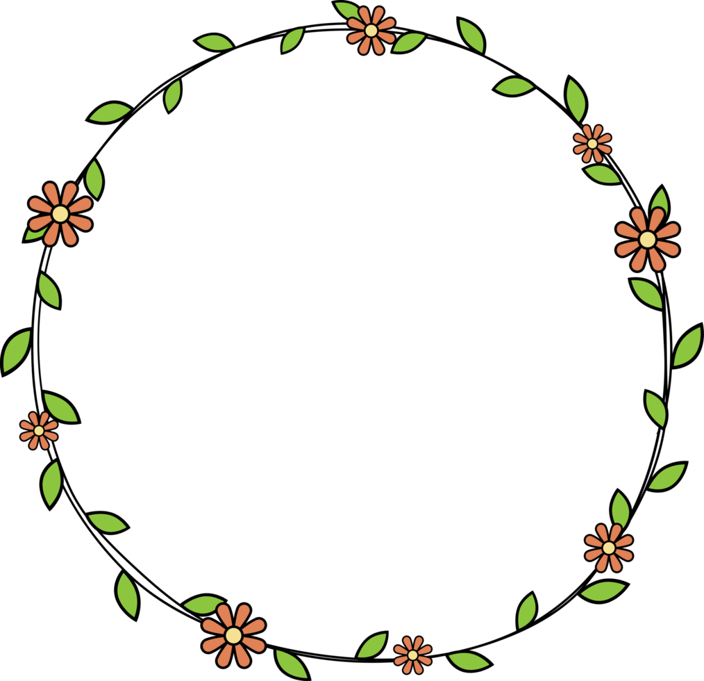 Hand drawn circle frame decoration element with leaves and flowers clip art png