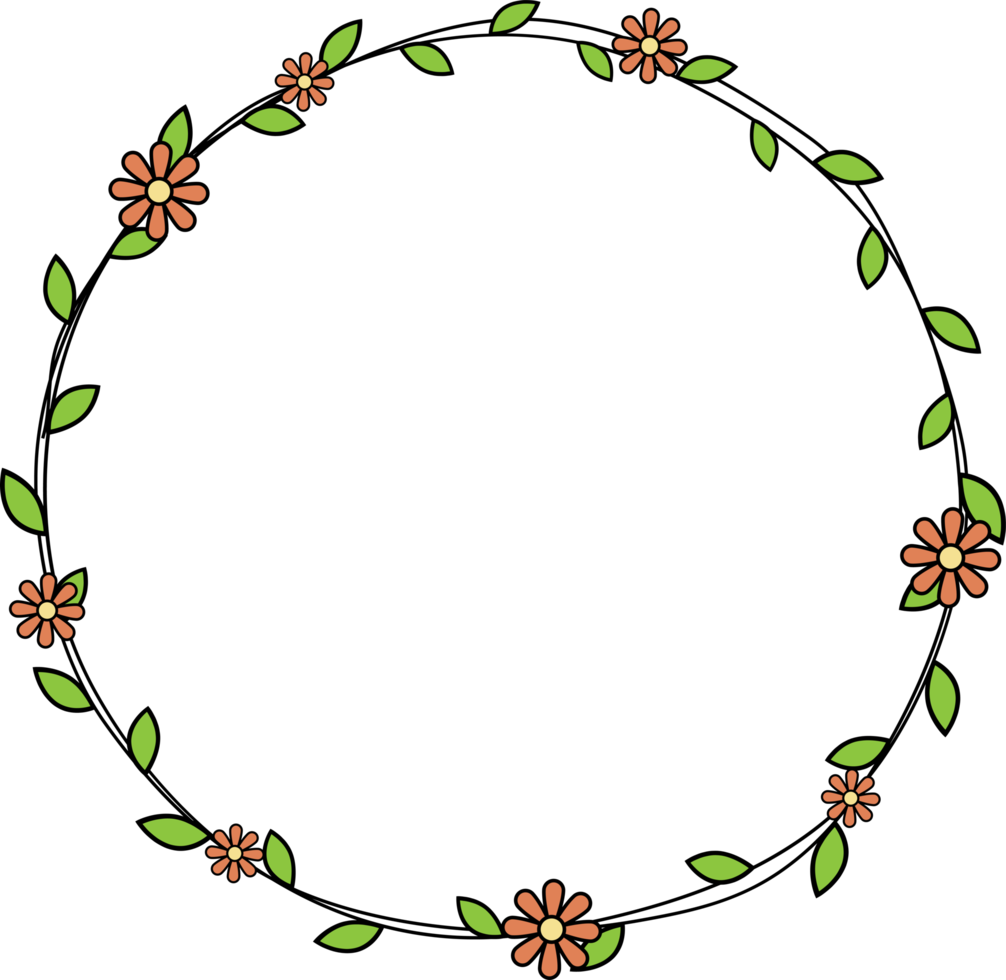 Hand drawn circle frame decoration element with leaves and flowers clip art png