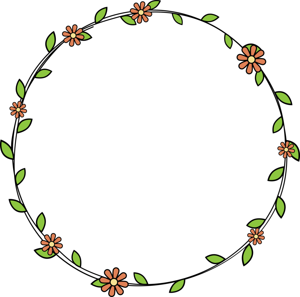 hand- getrokken cirkel kader decoratie element met bladeren en bloemen klem kunst png