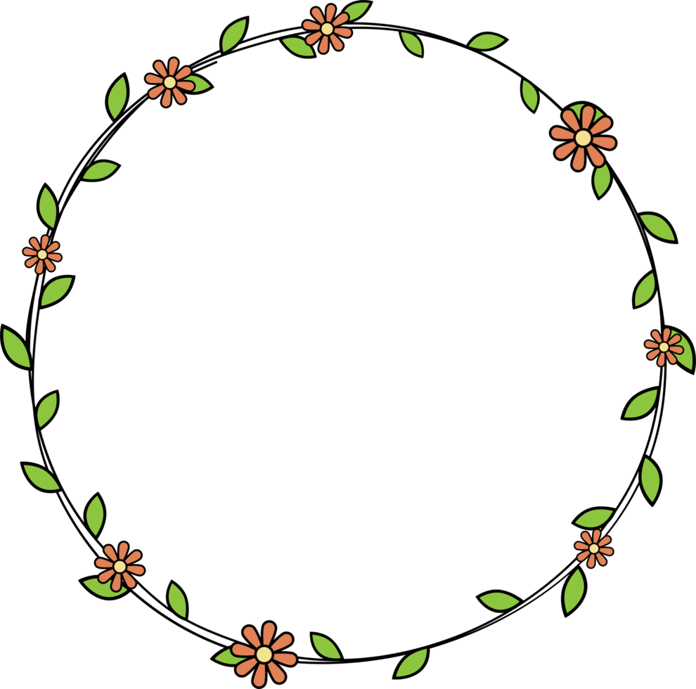 Hand drawn circle frame decoration element with leaves and flowers clip art png