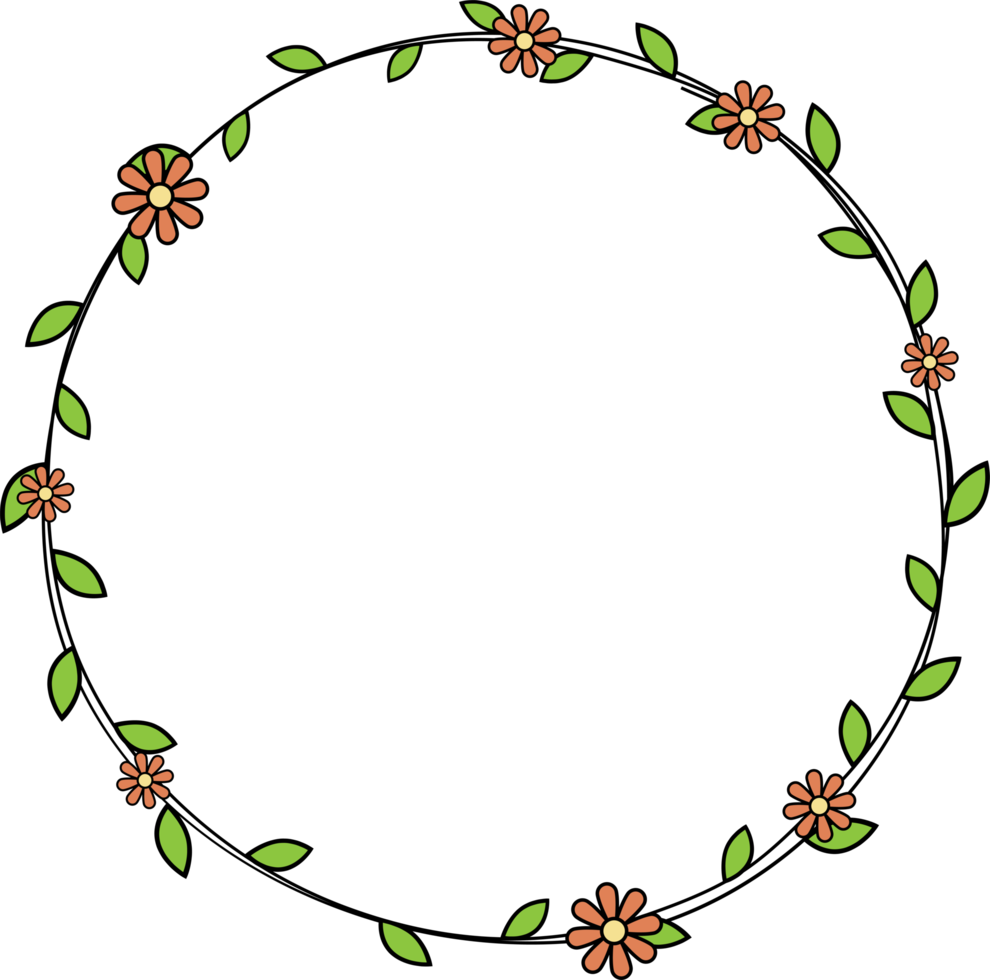 Hand drawn circle frame decoration element with leaves and flowers clip art png