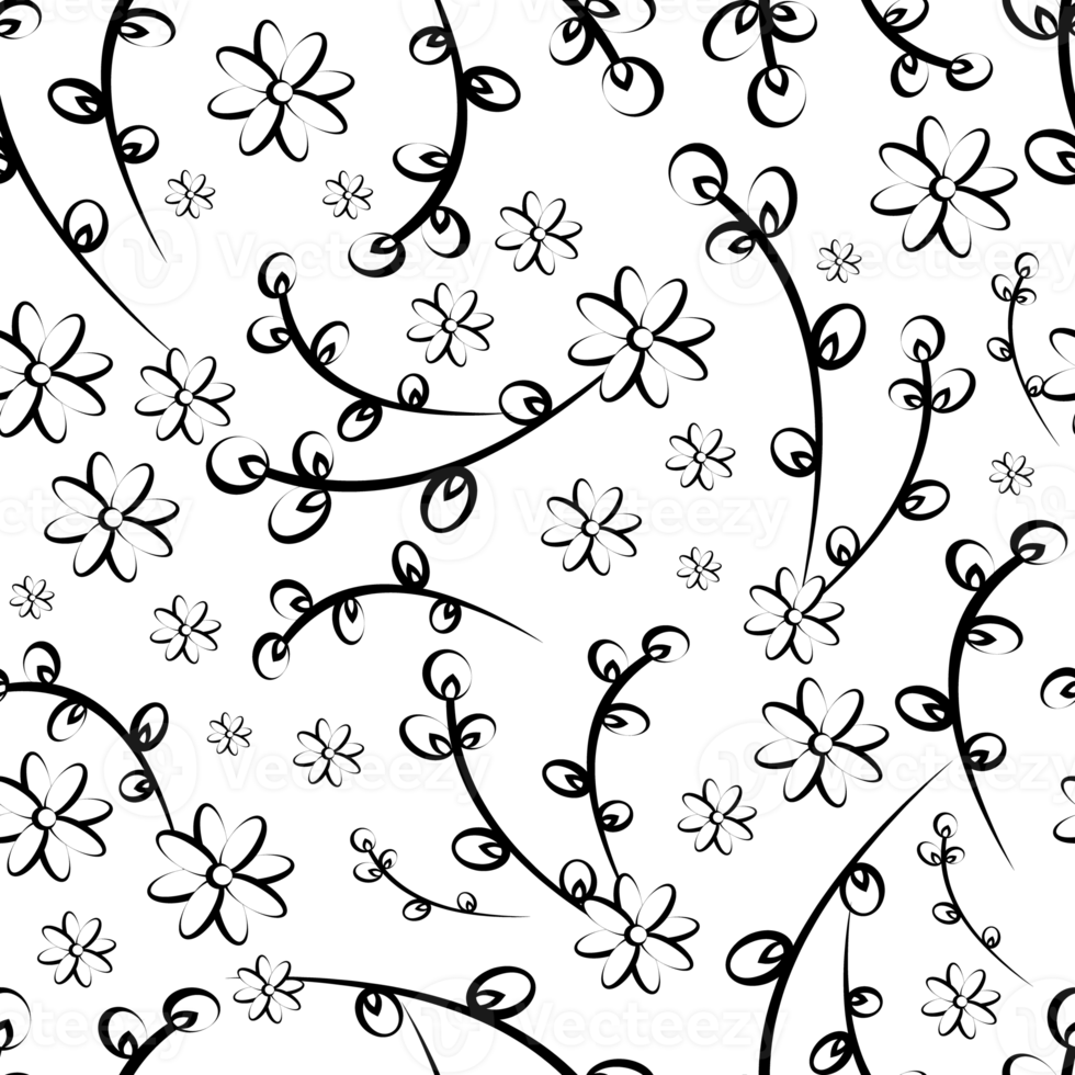 Willow and flowers seamless pattern in linear doodle style png