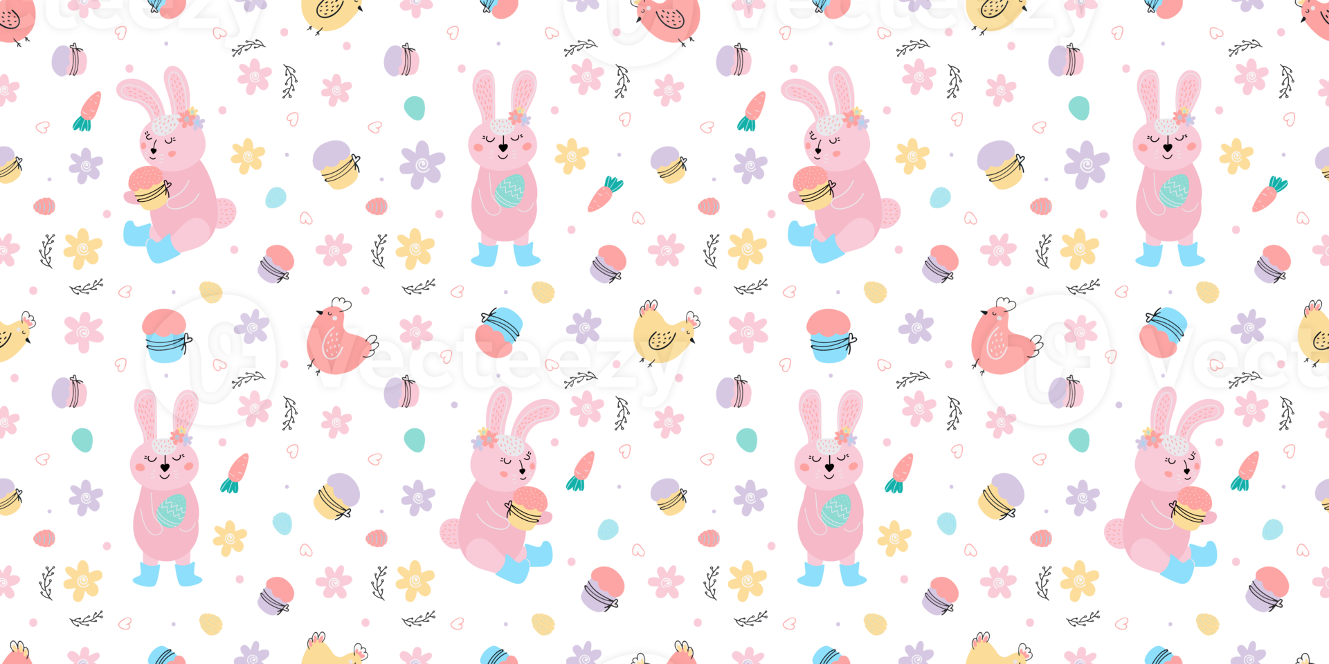 Easter festive seamless pattern with rabbits, cakes, eggs, willow png
