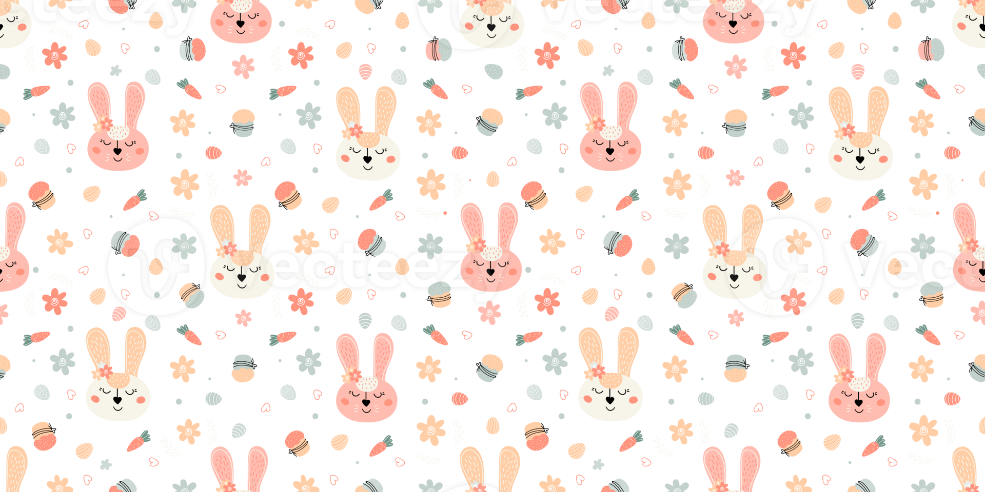 Easter festive seamless pattern with rabbits, cakes, eggs, willow png