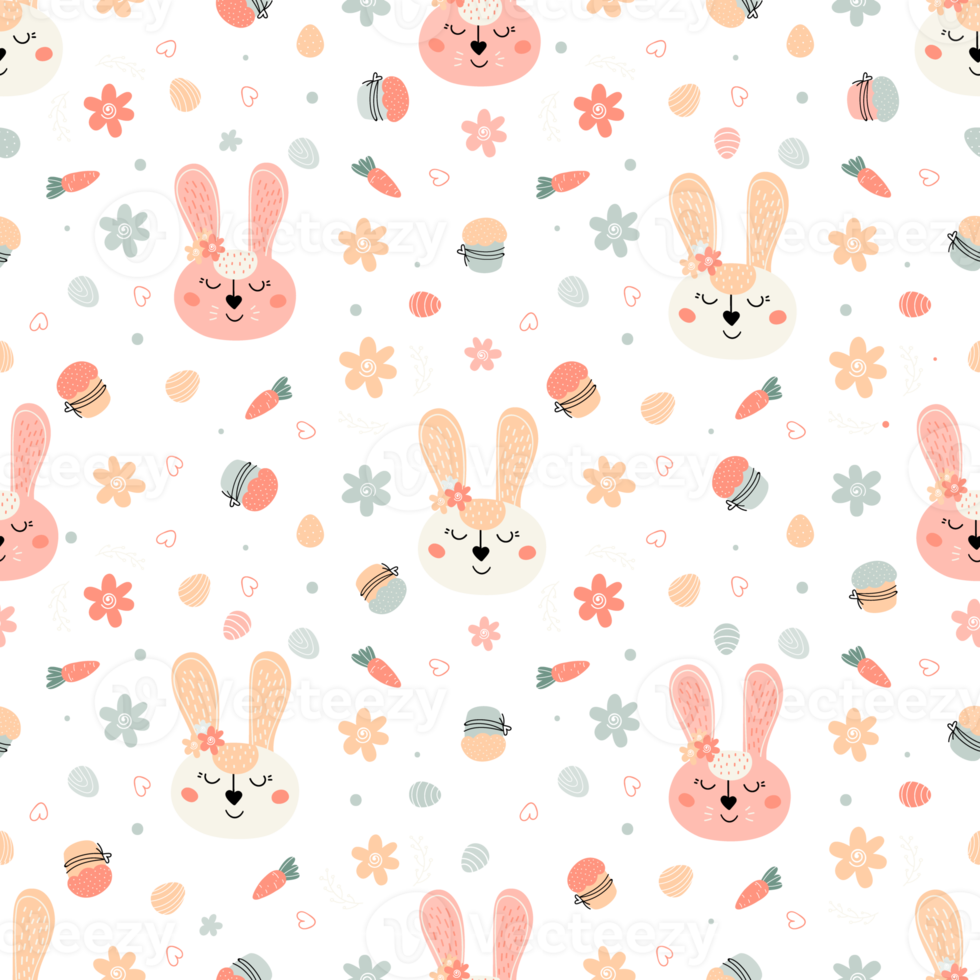 Easter festive seamless pattern with rabbits, cakes, eggs, willow png