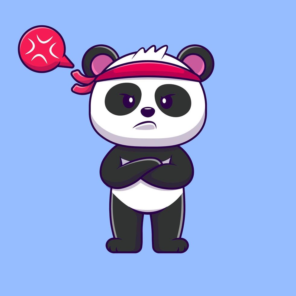 Cute Panda Fighter Angry With Folding Hand Cartoon Vector Icons Illustration. Flat Cartoon Concept. Suitable for any creative project.