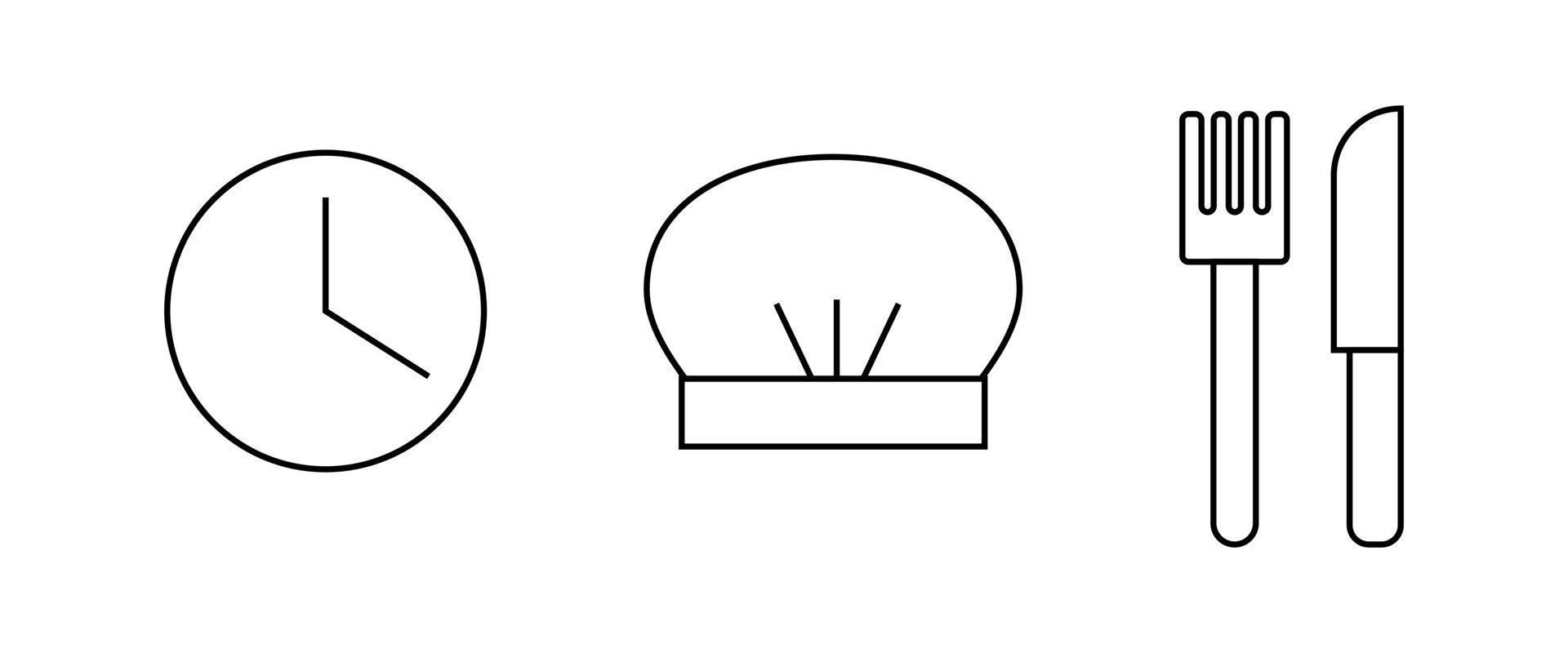 Cocinando línea iconos hirviendo tiempo, tenedor y cuchillo, cocinero sombrero línea iconos vector