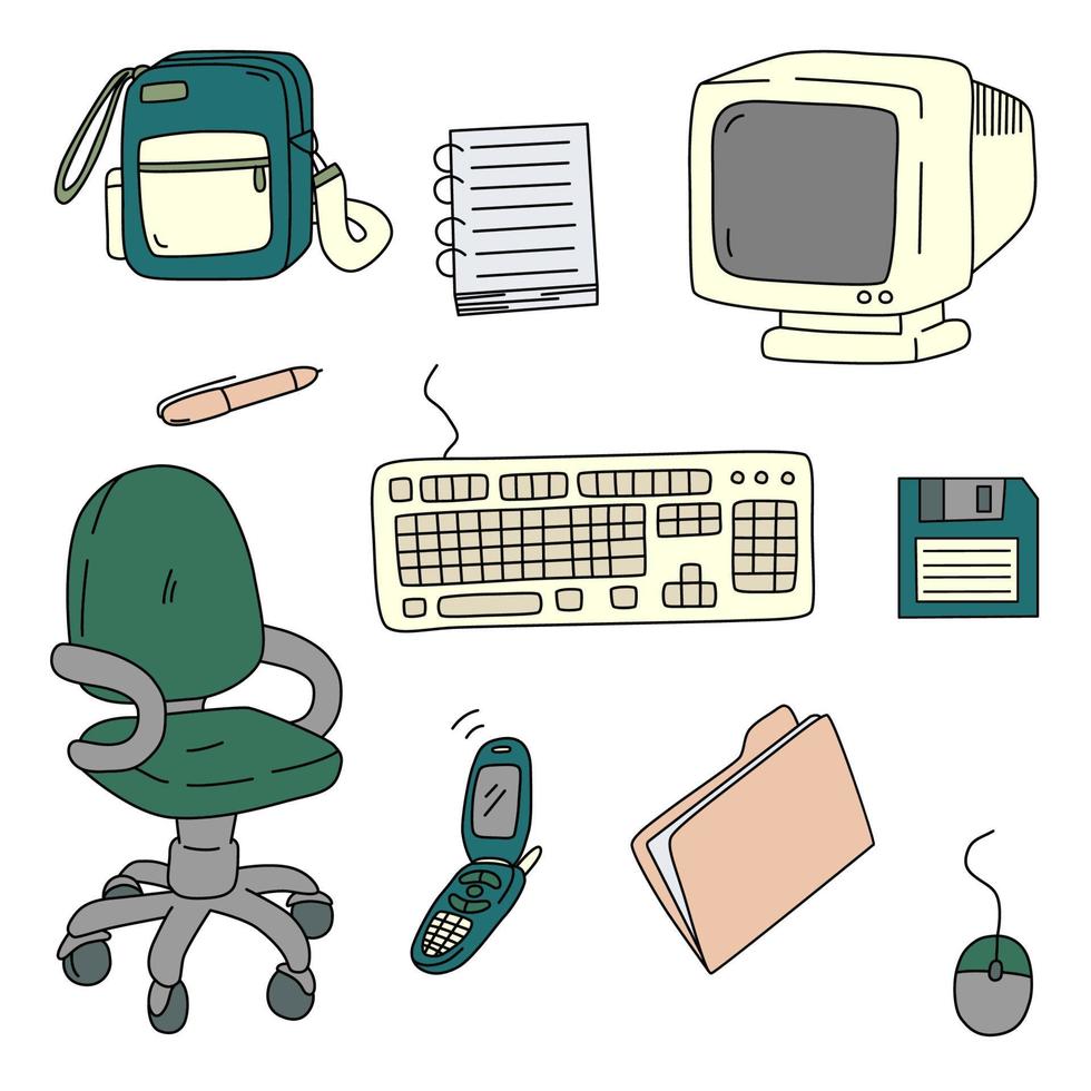 un conjunto de vector ilustraciones en dibujos animados estilo. lugar de trabajo, hogar oficina. retro artículos para trabajo