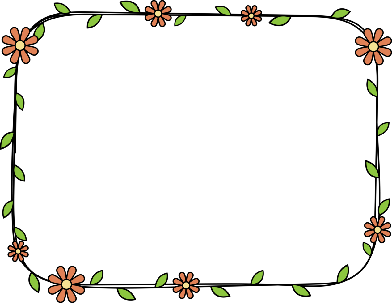 Hand drawn rectangle frame decoration element with flowers and leaves clip art png