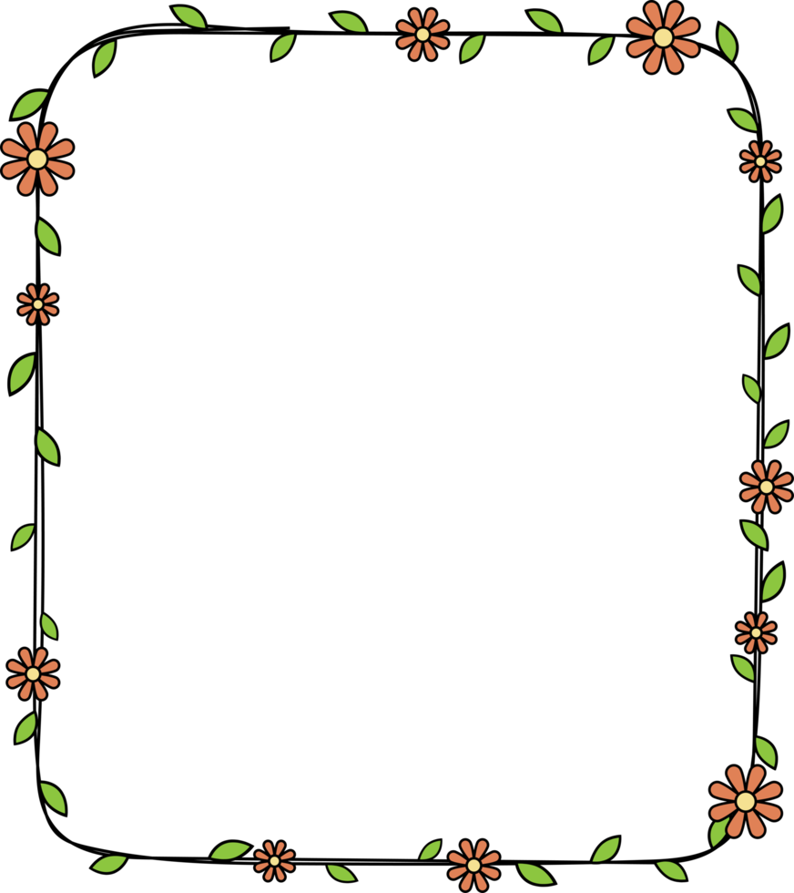 Hand drawn rectangle frame decoration element with flowers and leaves clip art png