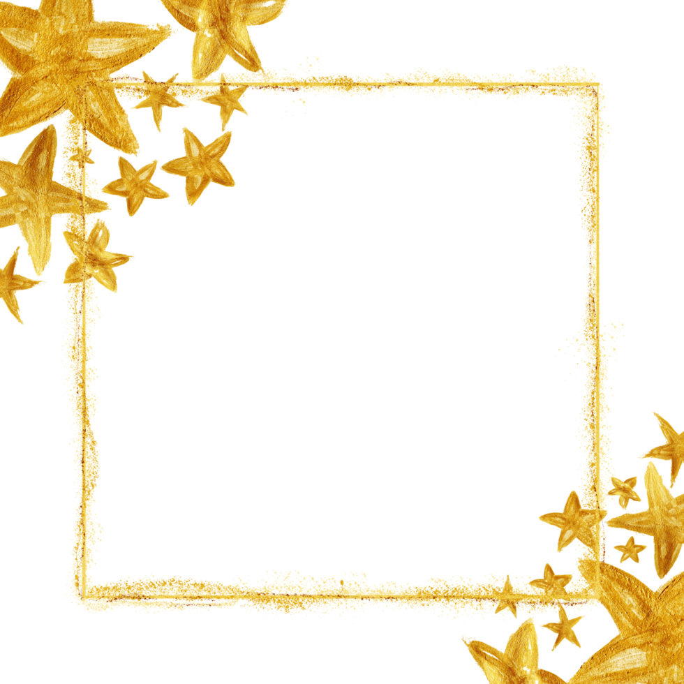 Watercolor gold star shapes with gold glitter frame square on a transparent background png