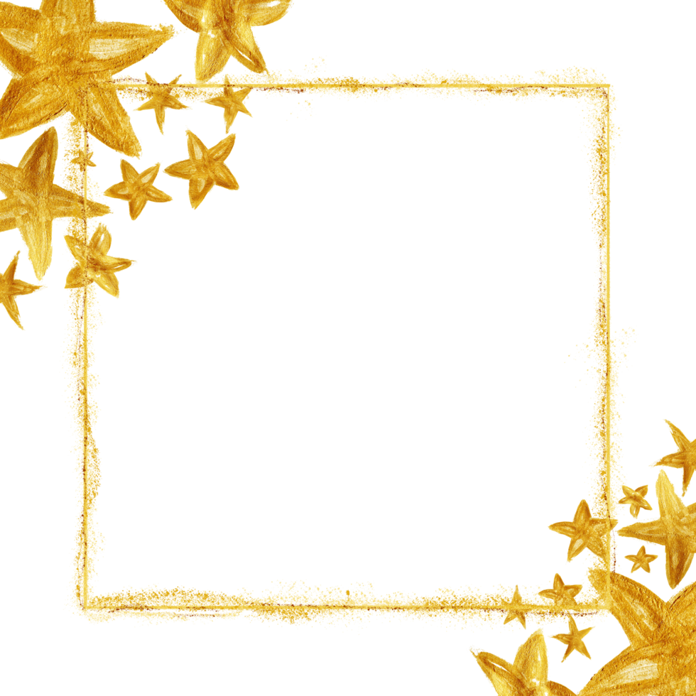 Watercolor gold star shapes with gold glitter frame square on a transparent background png