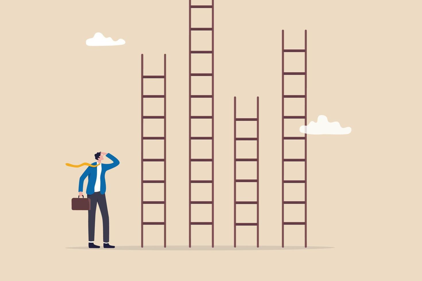 Choosing success ladder, difference career path, opportunity or various choices, challenge to choose best option, climb up ladder of success concept, businessman thinking to choose the right ladder. vector