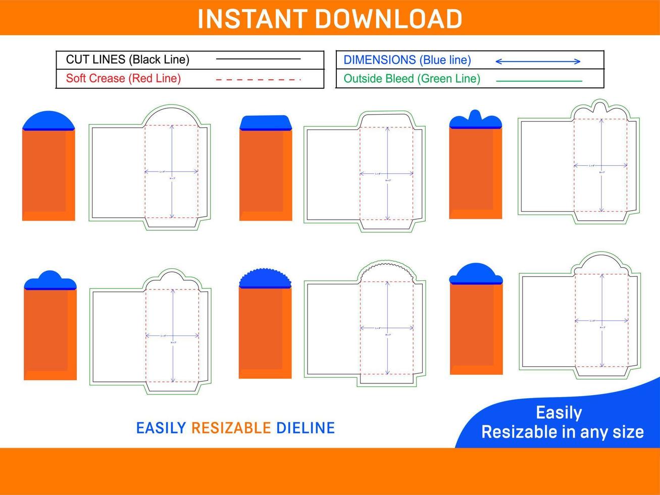 Money envelopes packaging set die cut template and 3D envelopes Box dieline and 3D box vector