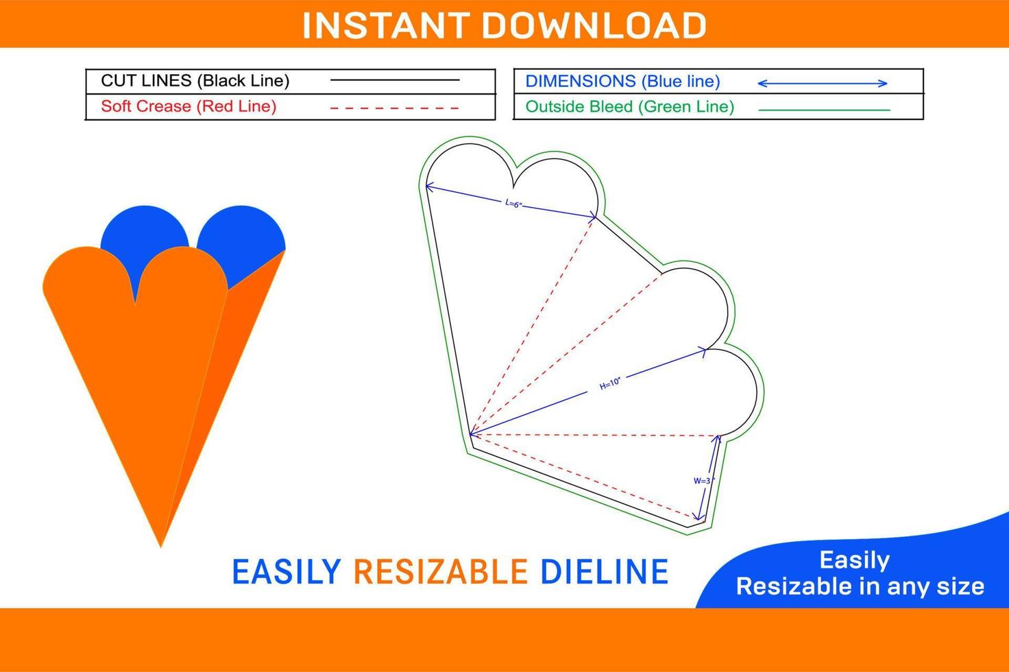 Heart shape cone dieline template and 3D cone design Box dieline and 3D box vector