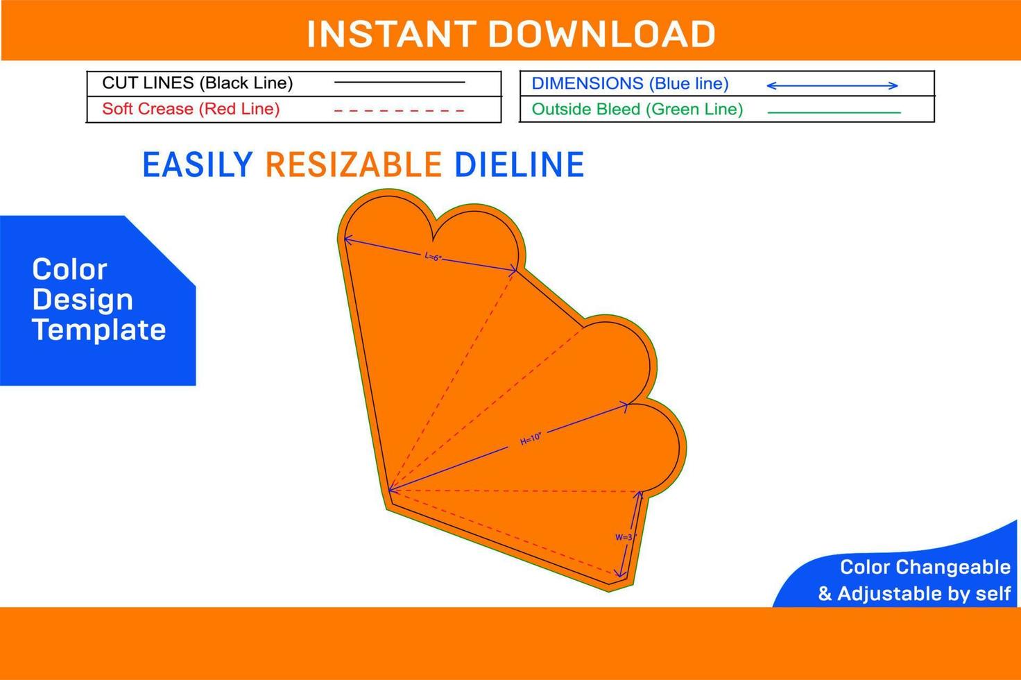 Heart shape cone dieline template and 3D cone design Color Design Template vector