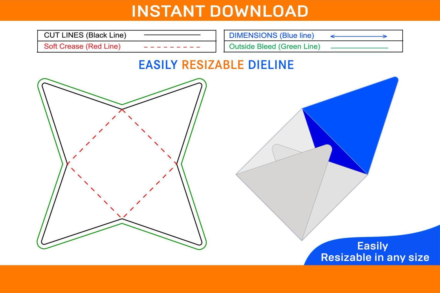 Star envelope dieline template and 3D envelope design vector