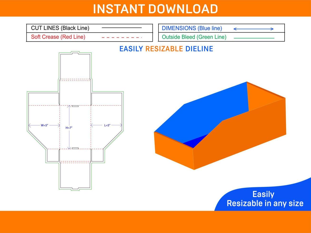 Cardboard storage bin box dieline template and 3D render file Box dieline and 3D box vector