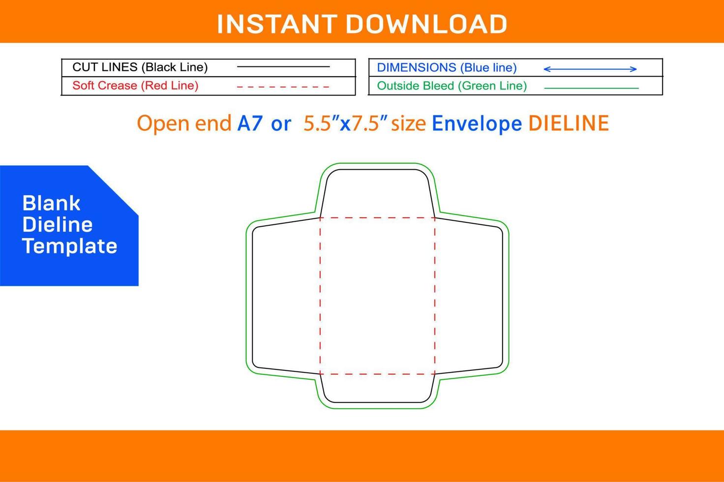 Catalog envelope A7 or 5.5x7.5 inch open end envelope dieline template Blank dieline template vector