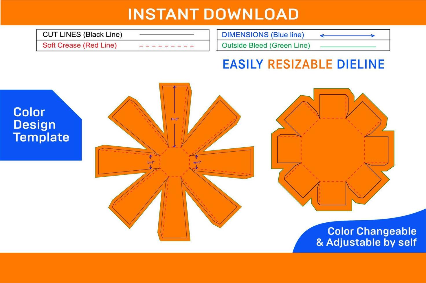Octagonal box with lid dieline template and 3D box design Color Design Template vector
