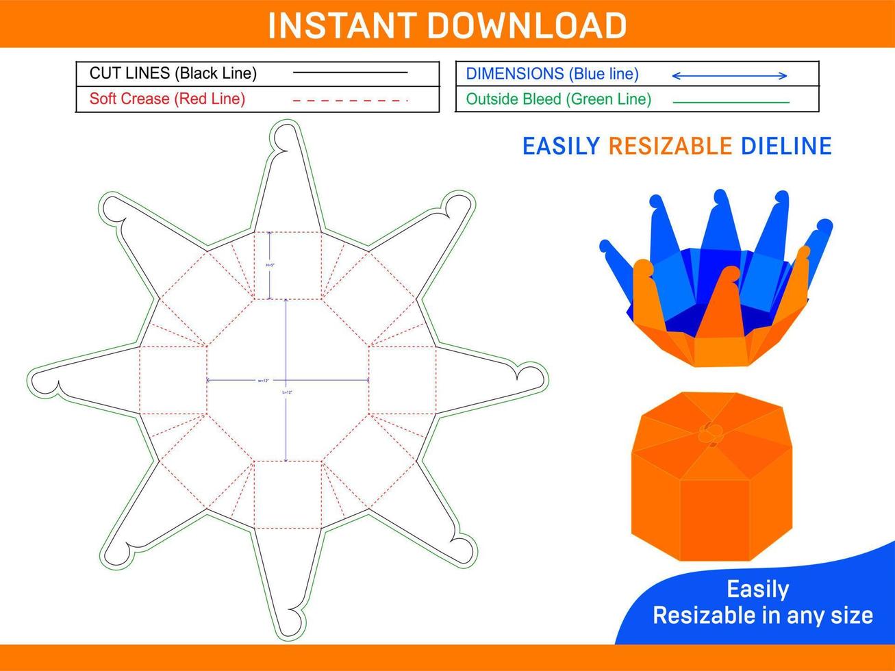 Octagon folding box dieline template and 3D box design Box dieline and 3D box vector