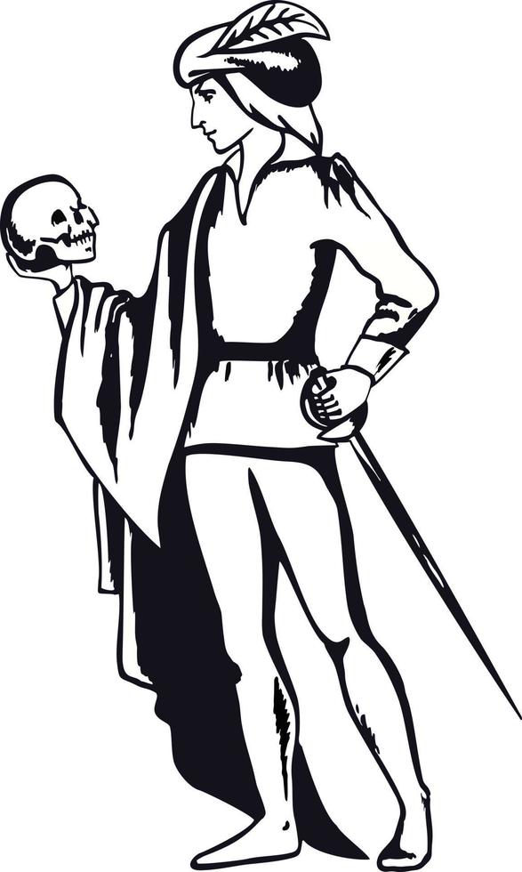 Black and white illustration of Hamlet with a skull in his hand. Actor plays the role of Hamlet, vector and illustration