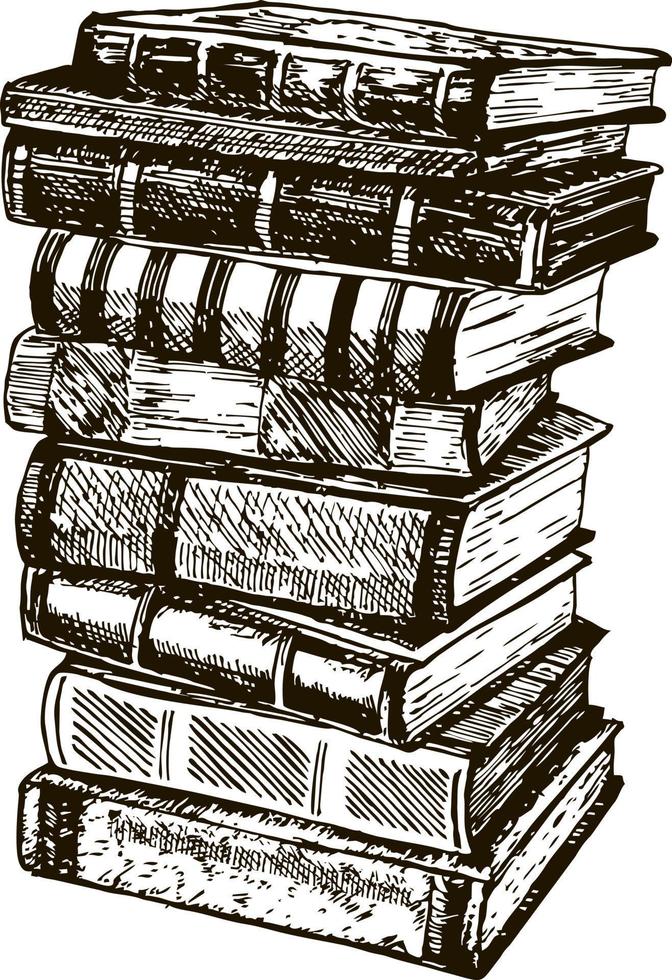 Stack of vintage books. Pile of books hand drawn in ink. Vector sketch illustration