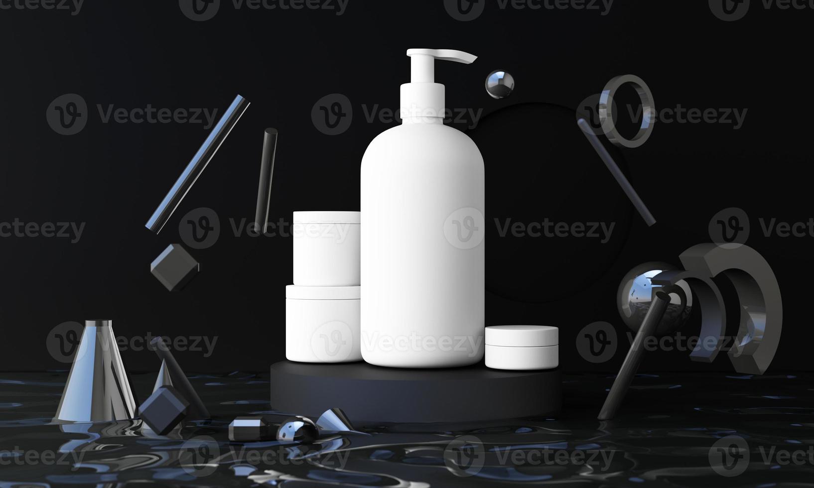 beauty spa medical skincare and cosmetic lotion white bottle cream packaging product on black decor background on water liquid with summer fresh concept surrounding by geometric shape 3d rendering photo