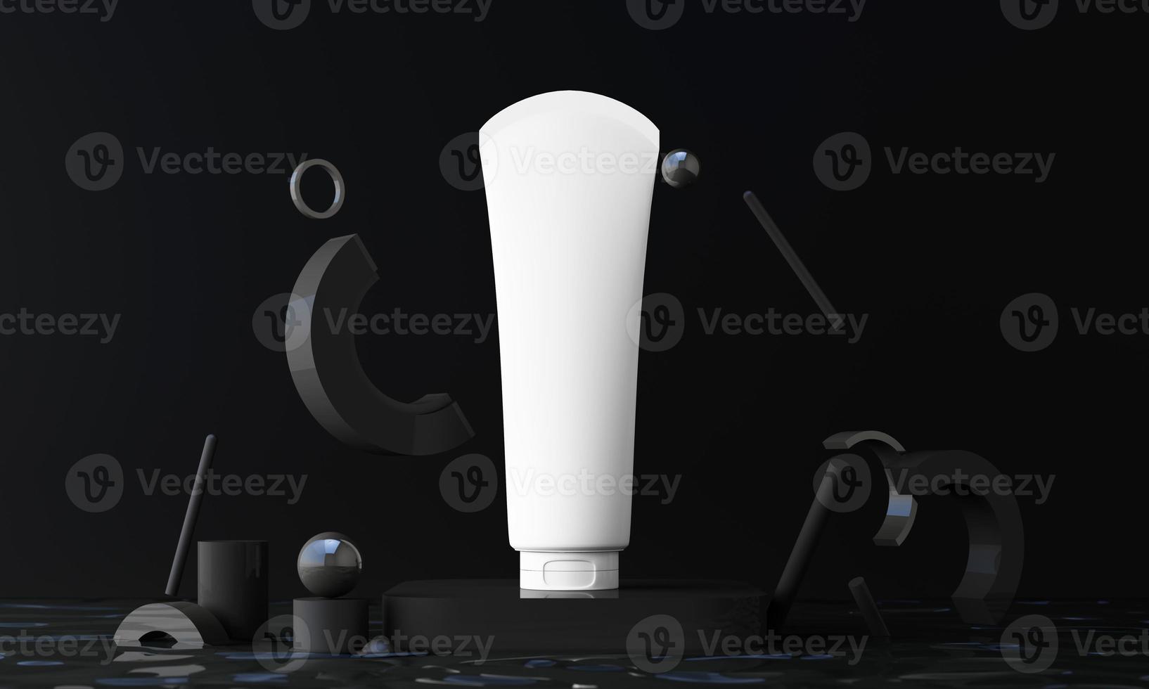 beauty spa medical skincare and cosmetic lotion white bottle cream packaging product on black decor background on water liquid with summer fresh concept surrounding by geometric shape 3d rendering photo