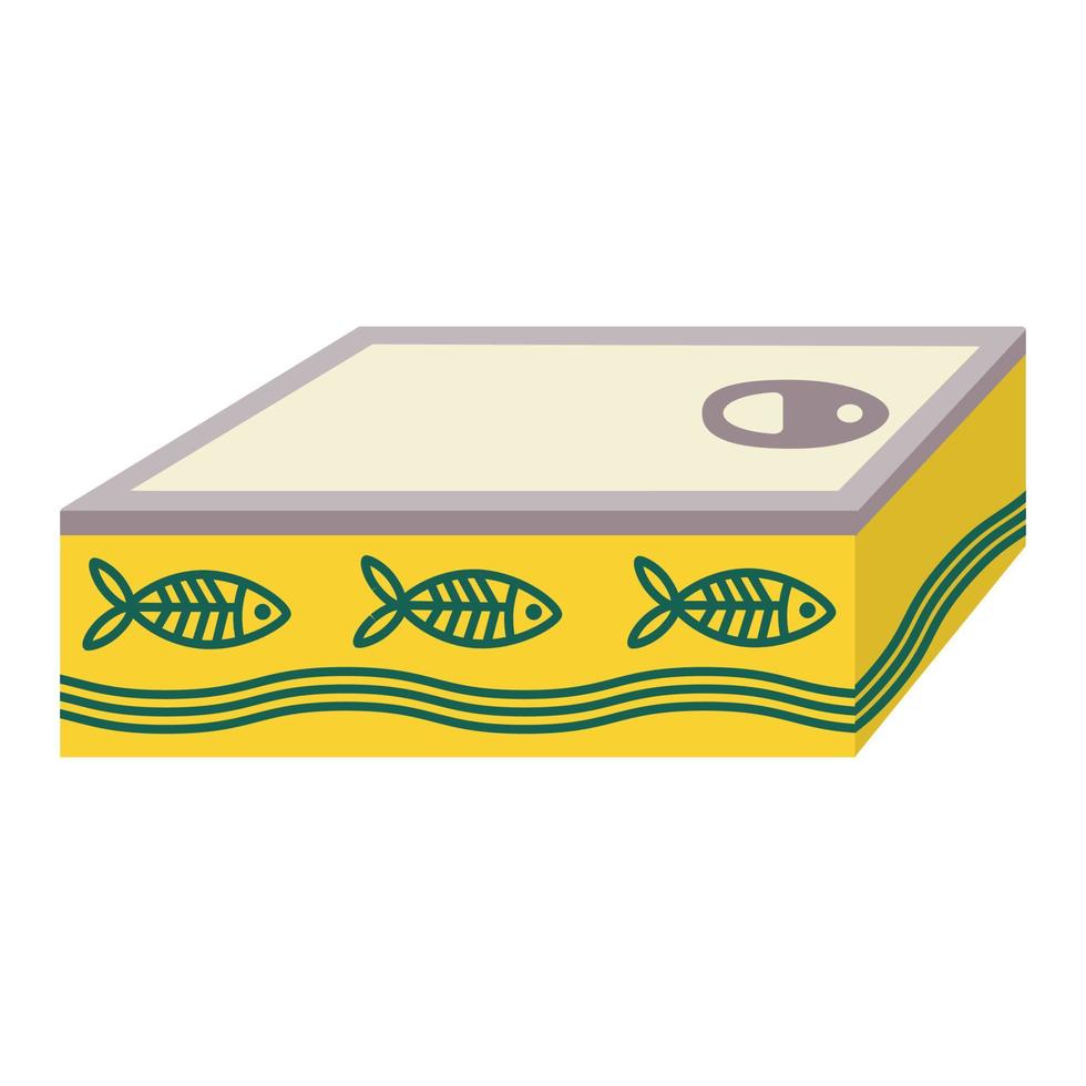 Canned fish for animals, cats, square tin can with fish label. vector