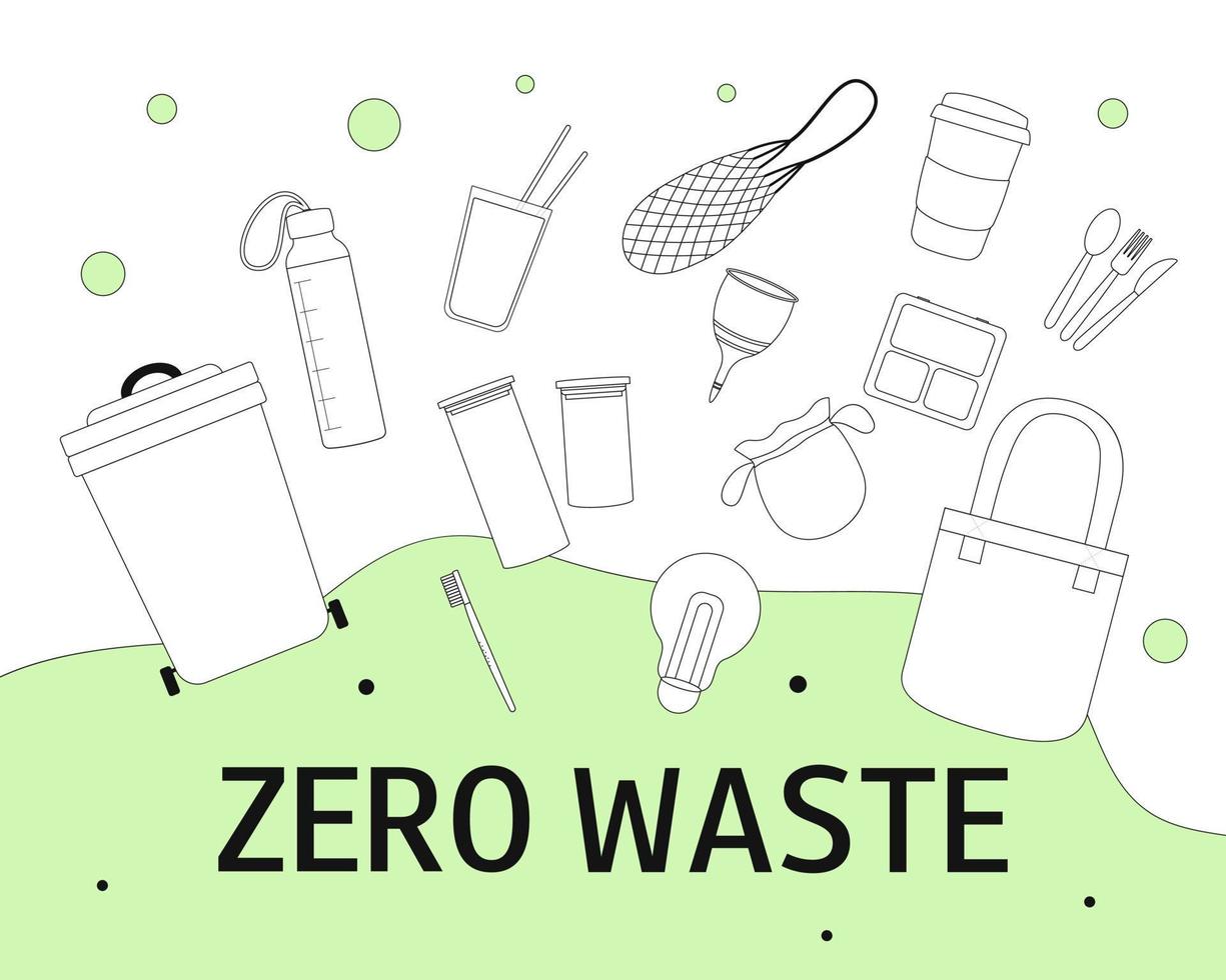 Zero waste. Black and white no plastic objects. Go green. Environmental protection. Zero waste vector illustration set. Earth Day. Infographic.