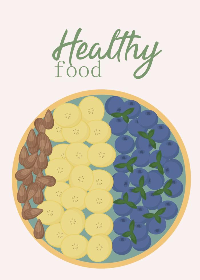 Banner on the theme of healthy Latin American food. Acai bowl with different fruits and nuts. vector