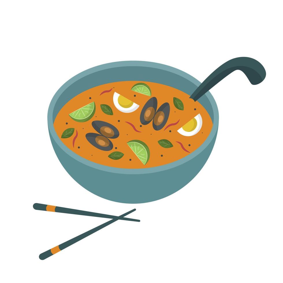 Tom yam with oysters and chopsticks. Illustration of Asian food vector