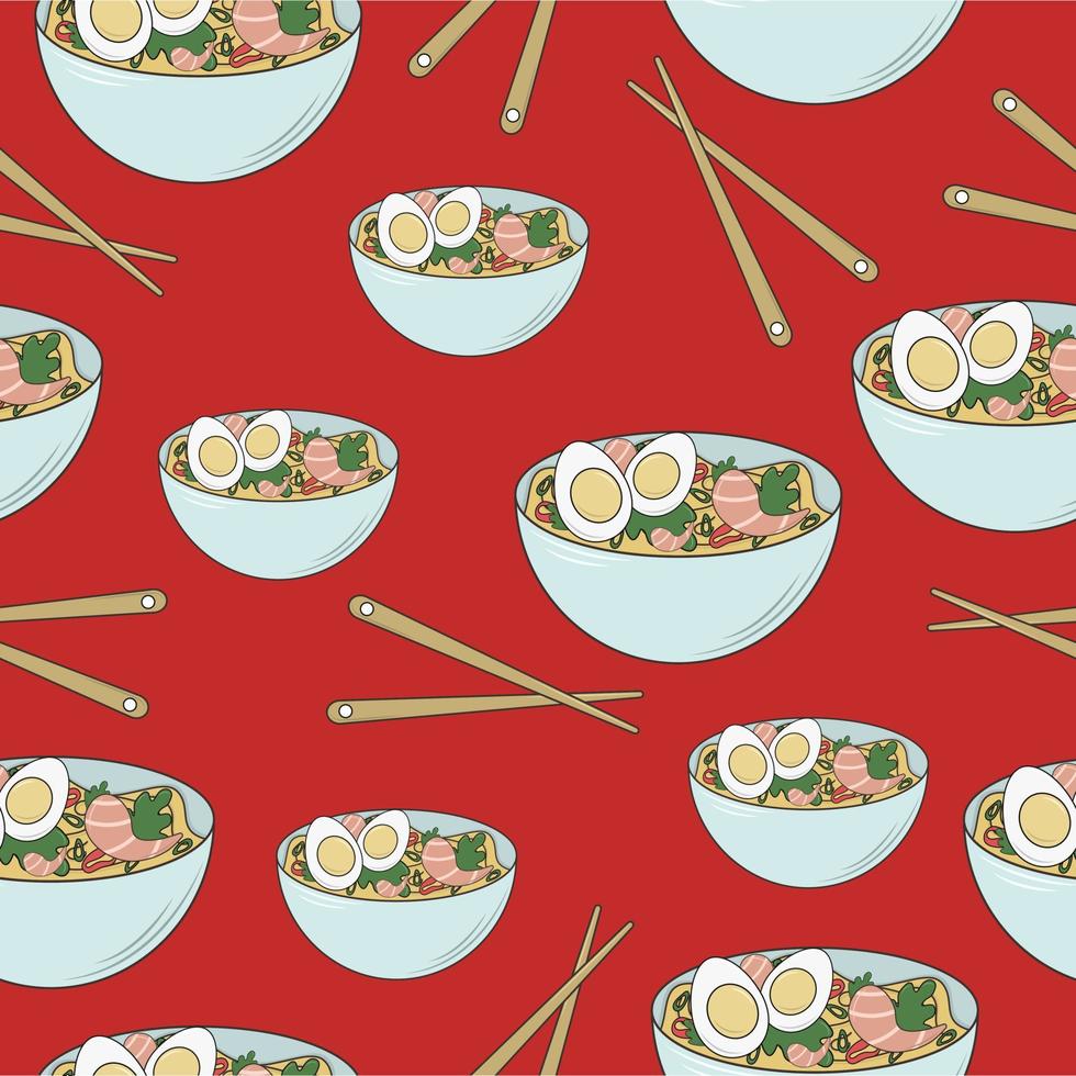Seamless pattern with bowl with ramen and chopsticks on red background. Illustration on the theme of asian food vector