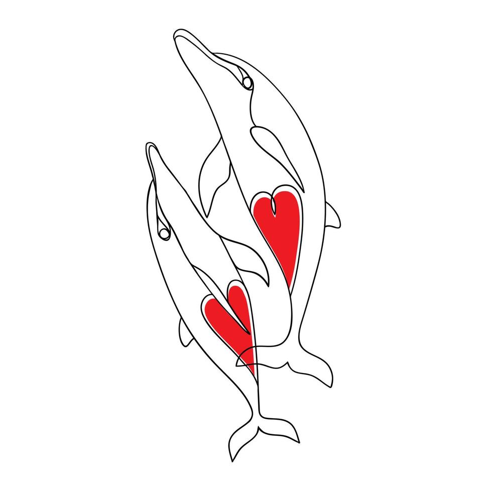 Dolphins Hand drawn vector illustration. Original line drawing of a pair of Dolphins with hearts.
