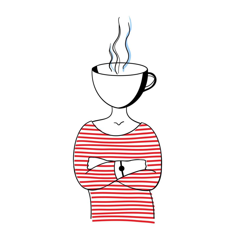 Cup head. Girl with a mug of hot tea or coffee instead of her head. vector