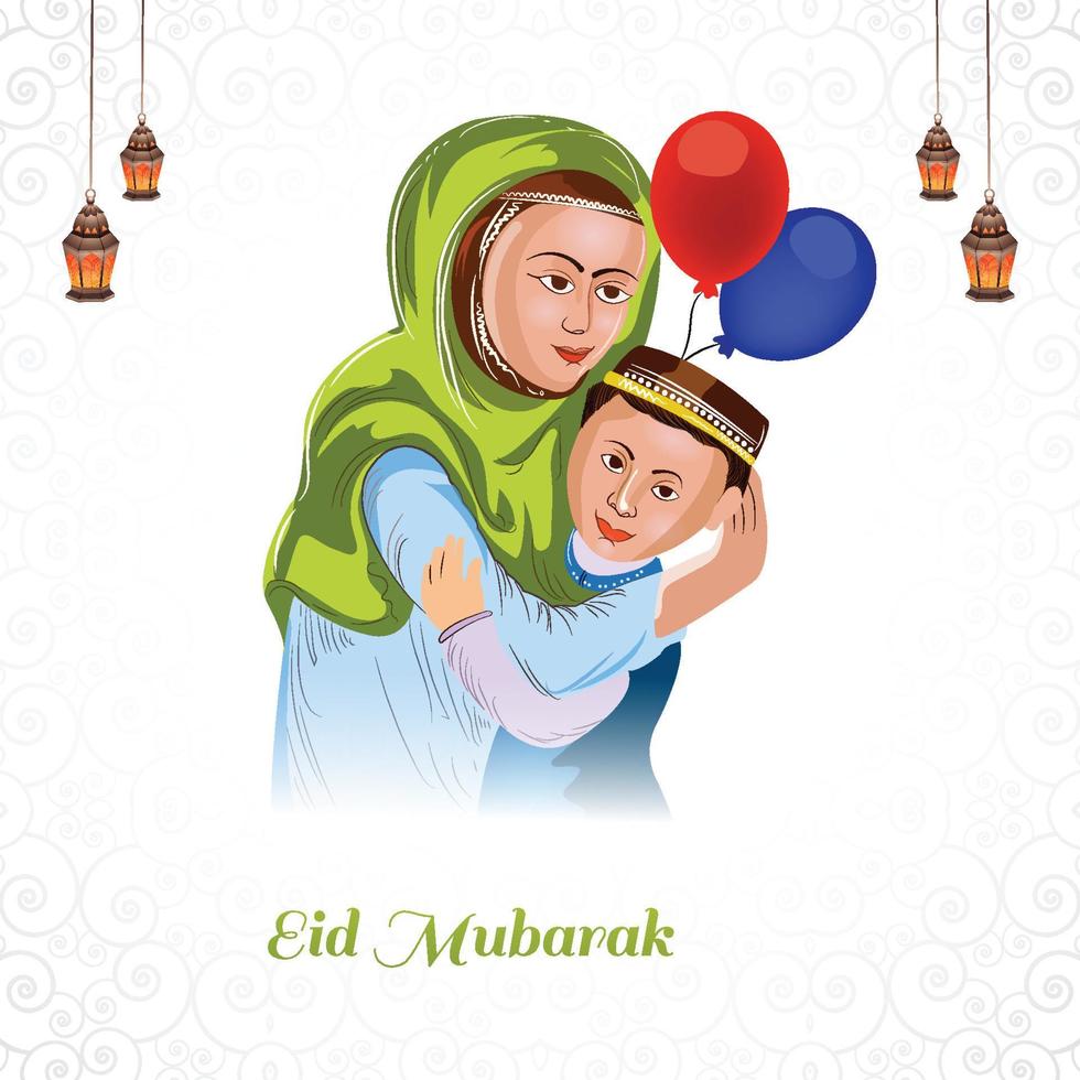 Beautiful muslim womens people hugging and wishing eid mubarak card background vector