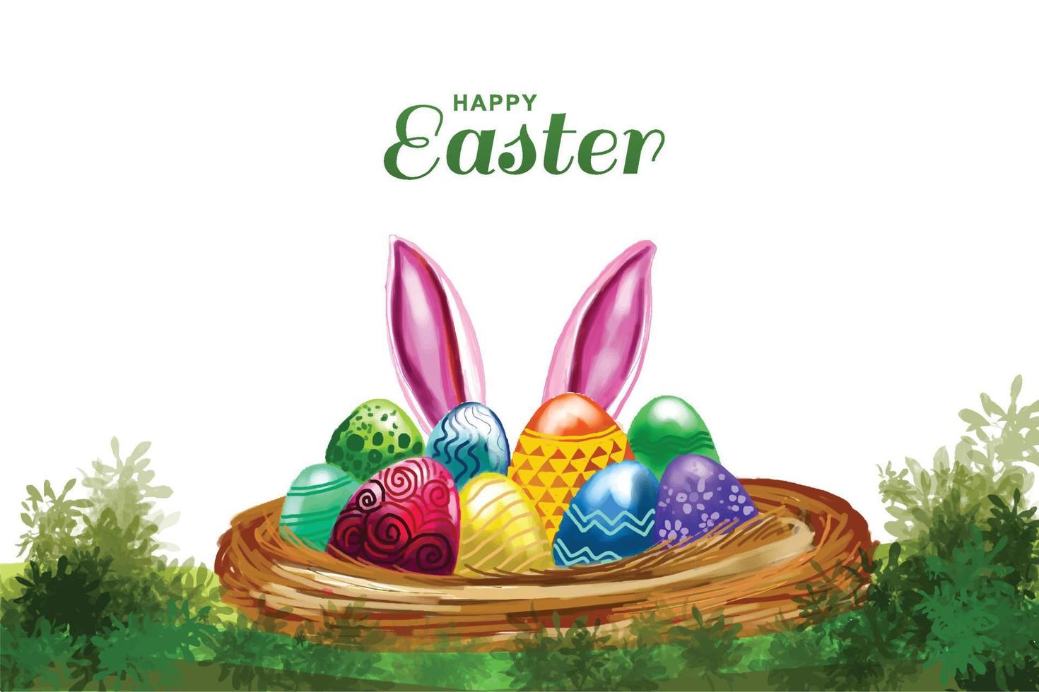 contento Pascua de Resurrección fiesta con pintado huevo con Conejo orejas tarjeta diseño vector