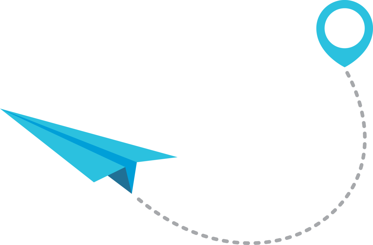 Paper airplane with dotted trace and map pointer pin png